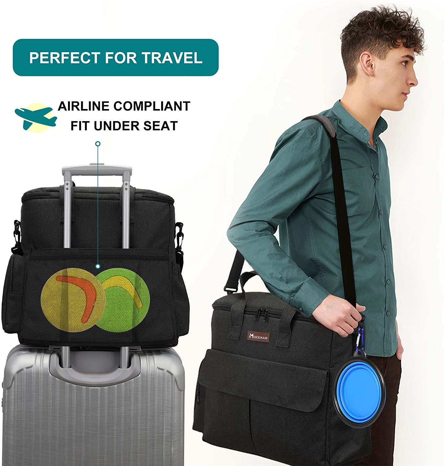 Dog Travel Bag by  - Dog Travel Kit for a Weekend Away Set Includes Pet Travel Bag Organizer for Accessories, 2 Collapsible Bowls, 2 Travel Food Container (Black)